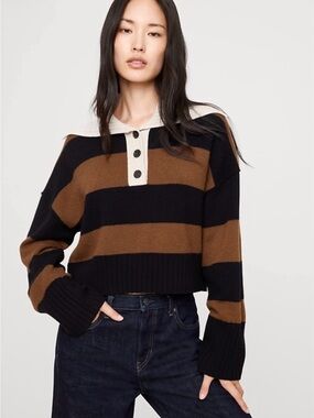 Banana Republic Cashmere Cropped Striped Polo Sweater XL
